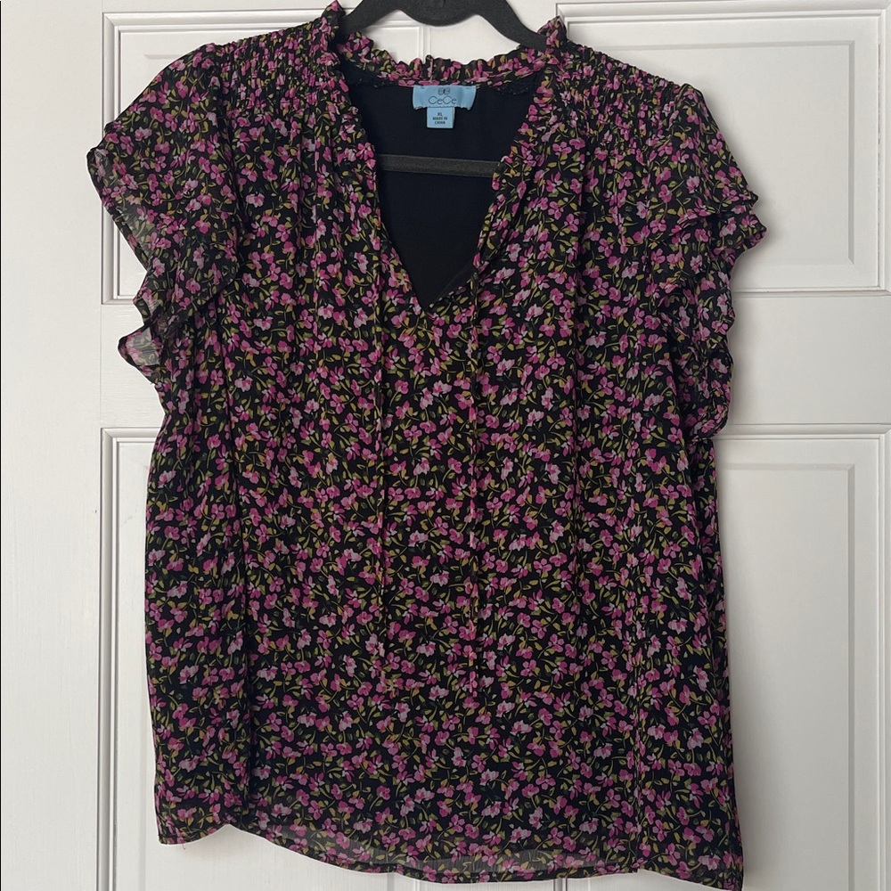 CeCe Flutter Sleeve Tie-Beck Blouse with Pink Floral Design
